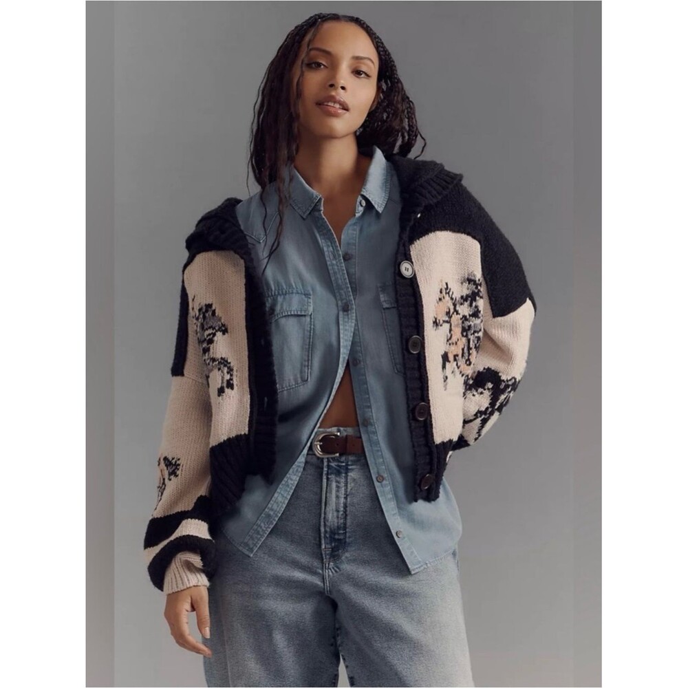 NWT Anthropologie Pilcro Horse Graphic Shawl Collar Chunky Knit Cardigan Medium - Picture 2 of 13